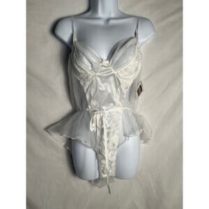 Midnight Hour White Lace Teddy Bodysuit Large Sheer Lingerie NWT